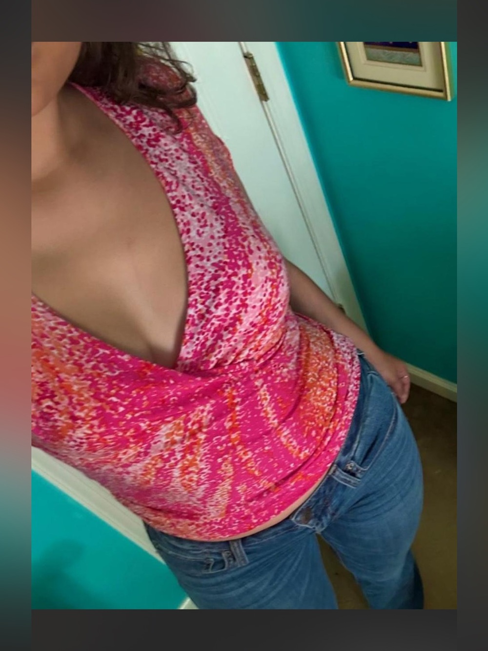 Y2K 2000s Style Chap’s Classics Abstract Pink & Orange V-Neck Faux Wrap Top